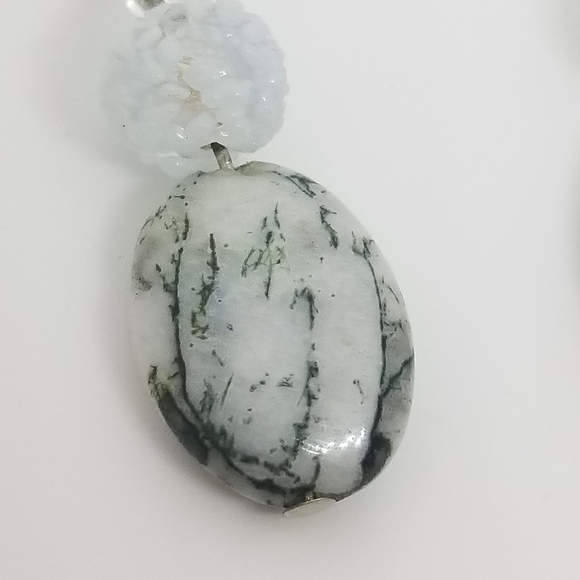 VINTAGE TREE AGATE GEMSTONE & GLASS DROP HOOK EARRINGS - Picture 4 of 5